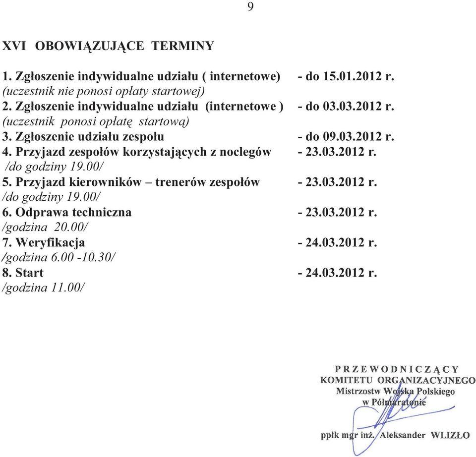 Przyjazd zespołów korzystających z noclegów - 23.03.2012 r. /do godziny 19.00/ 5. Przyjazd kierowników trenerów zespołów - 23.03.2012 r. /do godziny 19.00/ 6.