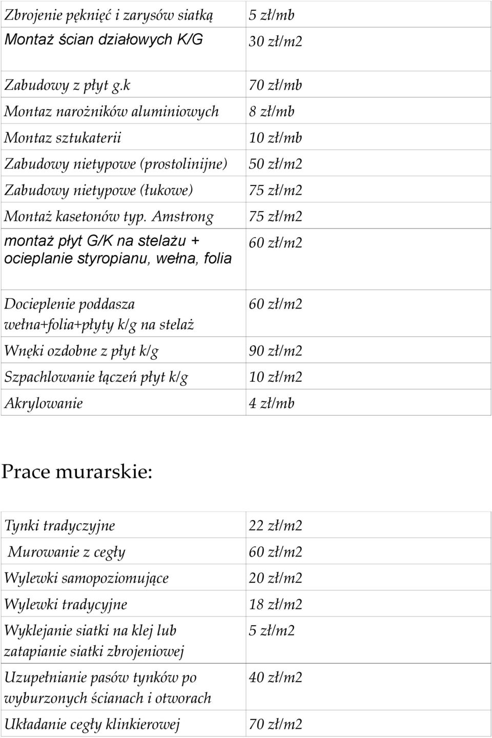 Amstrong montaż płyt G/K na stelażu + ocieplanie styropianu, wełna, folia 70 zł/mb 8 zł/mb 10 zł/mb 50 zł/m2 7 7 60 zł/m2 Docieplenie poddasza wełna+folia+płyty k/g na stelaż Wnęki ozdobne z płyt