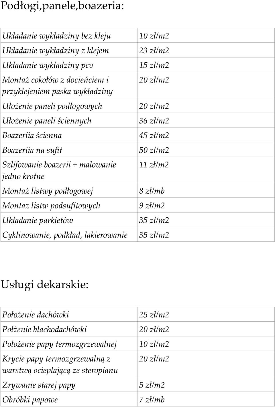 podłogowej Montaz listw podsufitowych Układanie parkietów Cyklinowanie, podkład, lakierowanie 23 zł/m2 1 36 zł/m2 4 50 zł/m2 11 zł/m2 8 zł/mb 9 zł/m2 3 3 Usługi