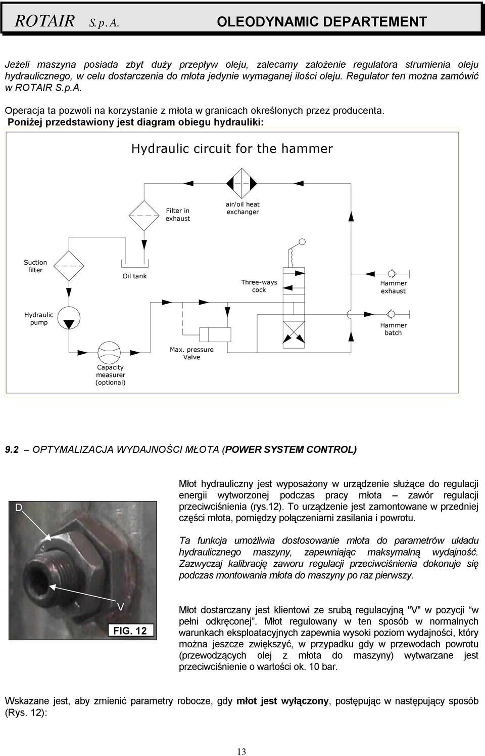 Poniżej przedstawiony jest diagram obiegu hydrauliki: Hydraulic circuit for the hammer Filter in exhaust air/oil heat exchanger Suction filter Oil tank Three-ways cock Hammer exhaust Hydraulic pump