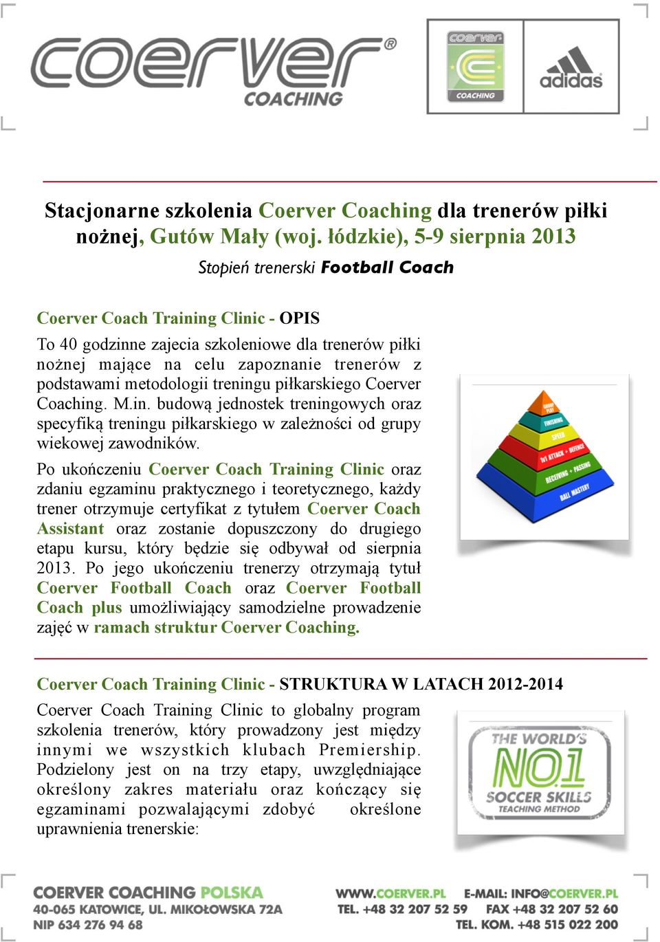 podstawami metodologii treningu piłkarskiego Coerver Coaching. M.in. budową jednostek treningowych oraz specyfiką treningu piłkarskiego w zależności od grupy wiekowej zawodników.