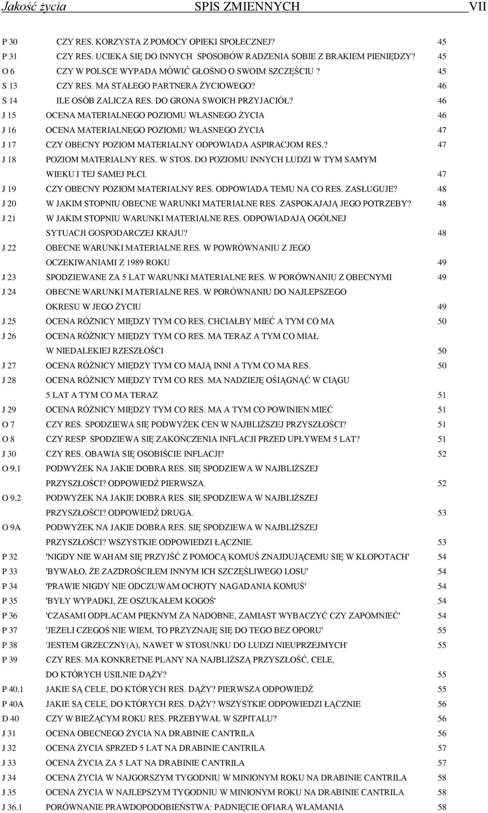 46 J 15 OCENA MATERIALNEGO POZIOMU WŁASNEGO ŻYCIA 46 J 16 OCENA MATERIALNEGO POZIOMU WŁASNEGO ŻYCIA 47 J 17 CZY OBECNY POZIOM MATERIALNY ODPOWIADA ASPIRACJOM RES.? 47 J 18 POZIOM MATERIALNY RES.