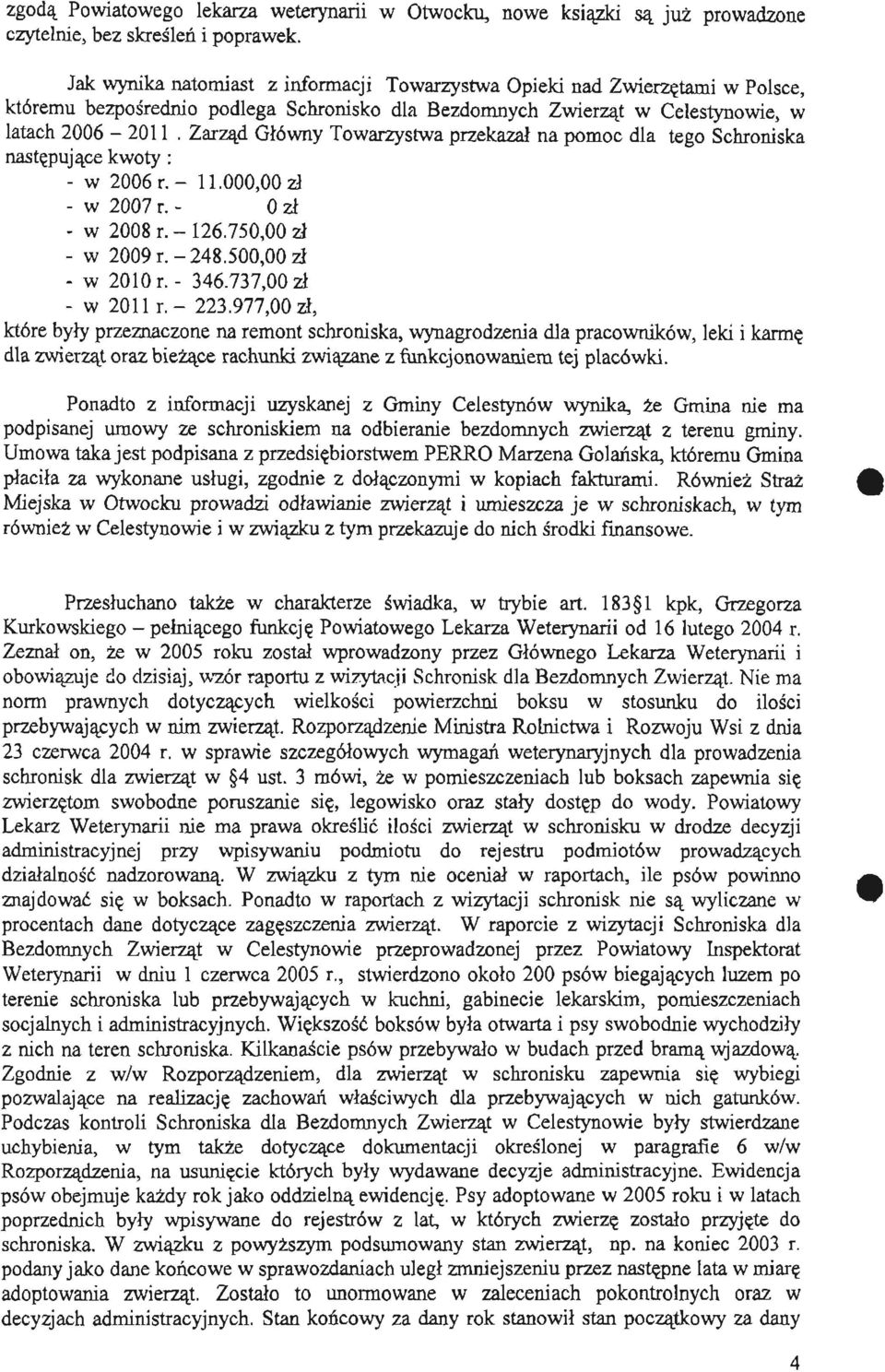 Zarząd Główny Towarzystwa przekazał na pomoc dla tego Schroniska następujące kwoty: - w 2006r.- 11.000,00 zł - w 2007 r. - O zł - w 2008 r. - 126.750,00 zł - w 2009 r.-248.500,00 zł - w 2010r.- 346.