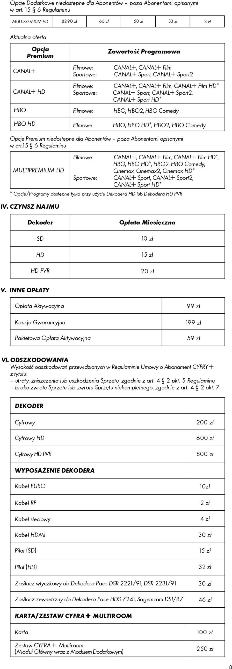 HBO2, HBO Comedy HBO, *, HBO2, HBO Comedy Opcje Premium niedostępne dla Abonentów poza Abonentami opisanymi w art.