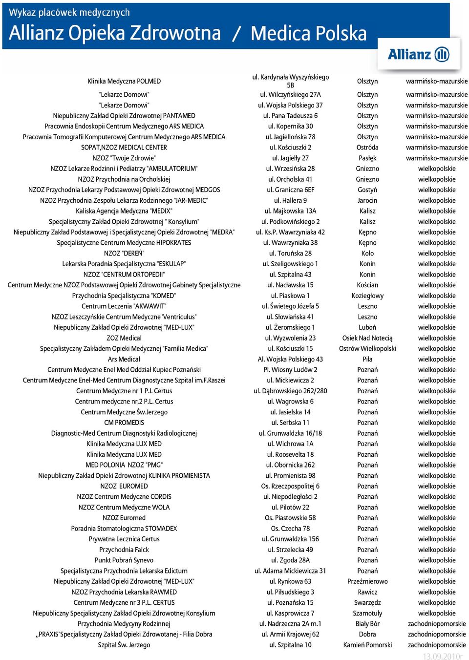 Kopernika 30 Olsztyn warmińsko-mazurskie Pracownia Tomografii Komputerowej Centrum Medycznego ARS MEDICA ul. Jagiellońska 78 Olsztyn warmińsko-mazurskie SOPAT,NZOZ MEDICAL CENTER ul.