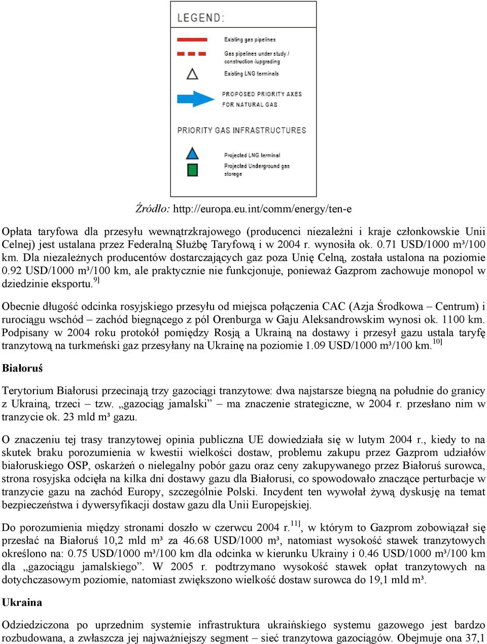 wynosiła ok. 0.71 USD/1000 m³/100 km. Dla niezależnych producentów dostarczających gaz poza Unię Celną, została ustalona na poziomie 0.