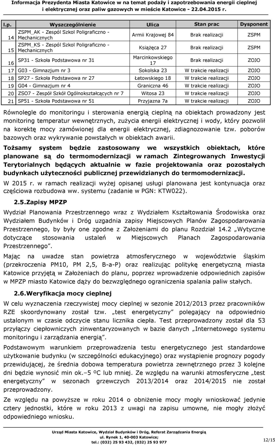 27 Łetowskiego 18 W trakcie realizacji ZOJO 19 G04 - Gimnazjum nr 4 Graniczna 46 W trakcie realizacji ZOJO 20 ZSO7 - Zespół Szkół Ogólnokształcących nr 7 Witosa 23 W trakcie realizacji ZOJO 21 SP51 -