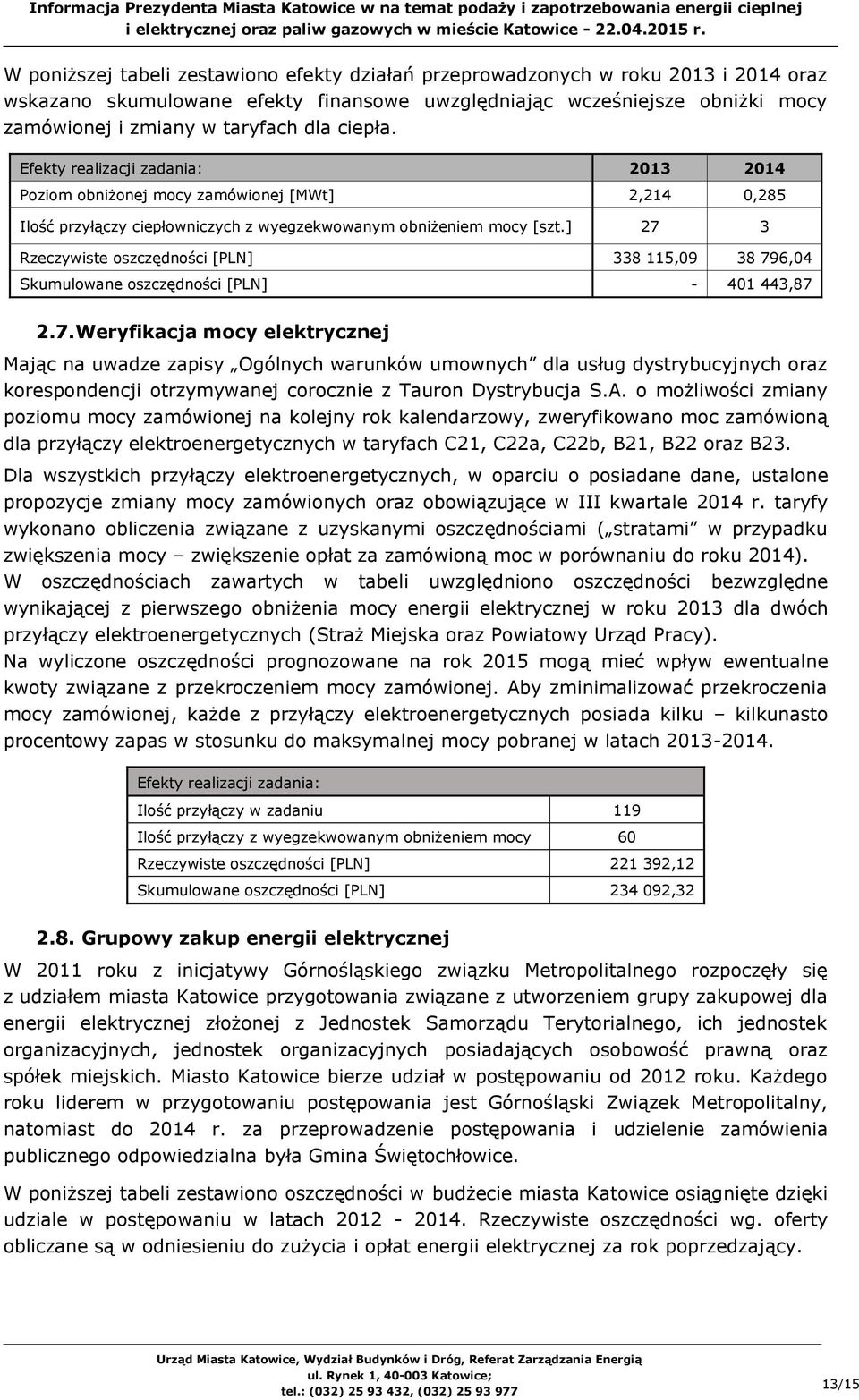 ] 27 3 Rzeczywiste oszczędności [PLN] 338 115,09 38 796,04 Skumulowane oszczędności [PLN] - 401 443,87 2.7. Weryfikacja mocy elektrycznej Mając na uwadze zapisy Ogólnych warunków umownych dla usług dystrybucyjnych oraz korespondencji otrzymywanej corocznie z Tauron Dystrybucja S.