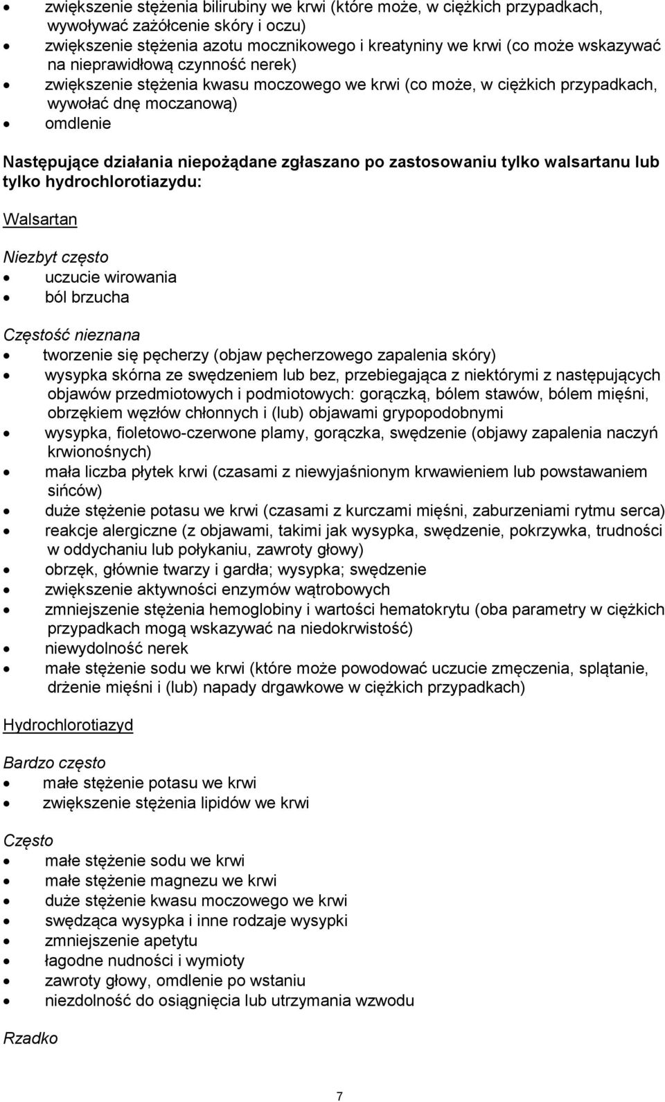 zastosowaniu tylko walsartanu lub tylko hydrochlorotiazydu: Walsartan Niezbyt często uczucie wirowania ból brzucha Częstość nieznana tworzenie się pęcherzy (objaw pęcherzowego zapalenia skóry)