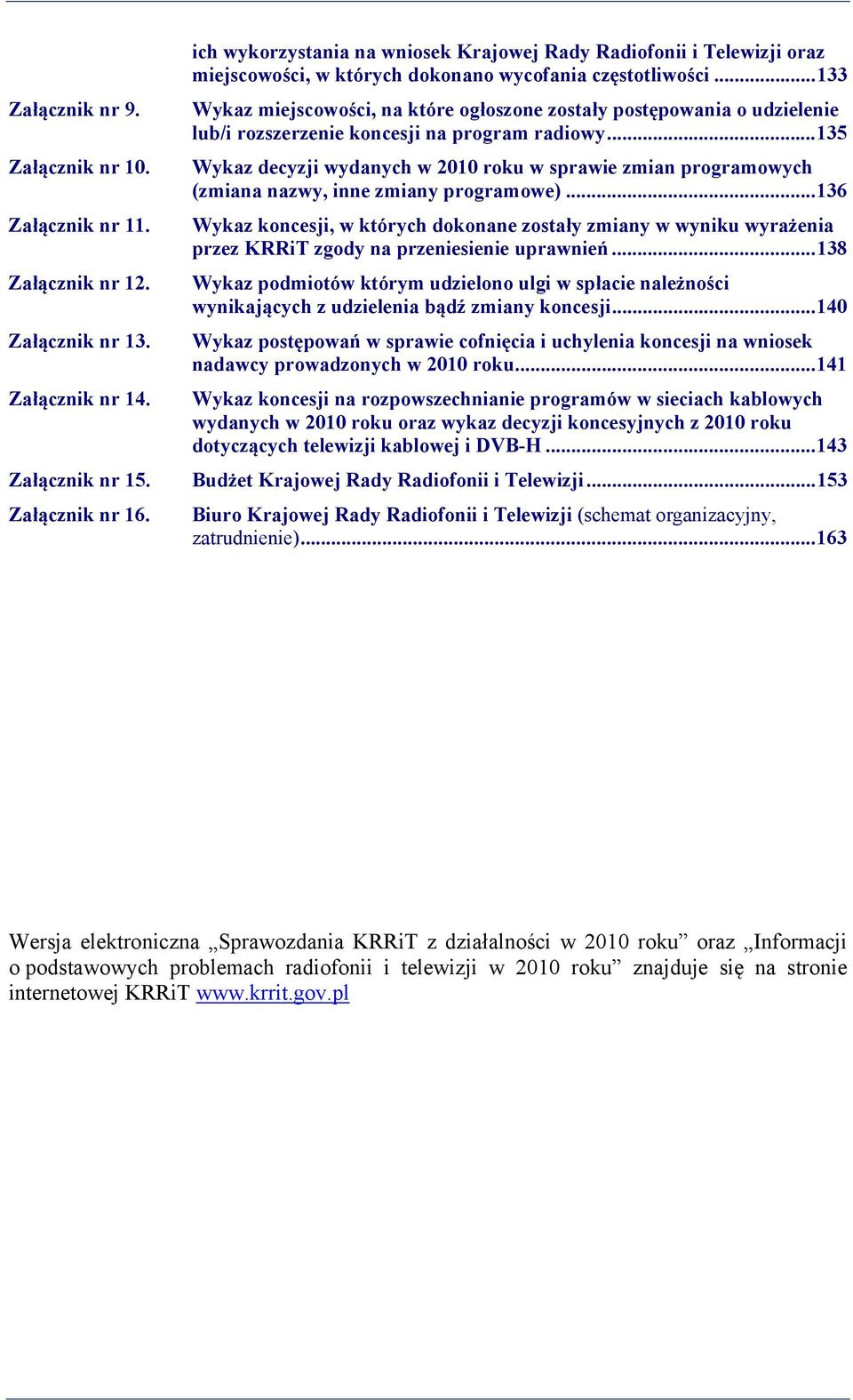 .. 133 Wykaz miejscowości, na które ogłoszone zostały postępowania o udzielenie lub/i rozszerzenie koncesji na program radiowy.