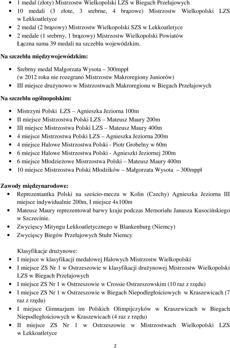 Na szczeblu międzywojewódzkim: Srebrny medal Małgorzata Wysota 300mppł (w 2012 roku nie rozegrano Mistrzostw Makroregiony Juniorów) III miejsce drużynowo w Mistrzostwach Makroregionu w Biegach