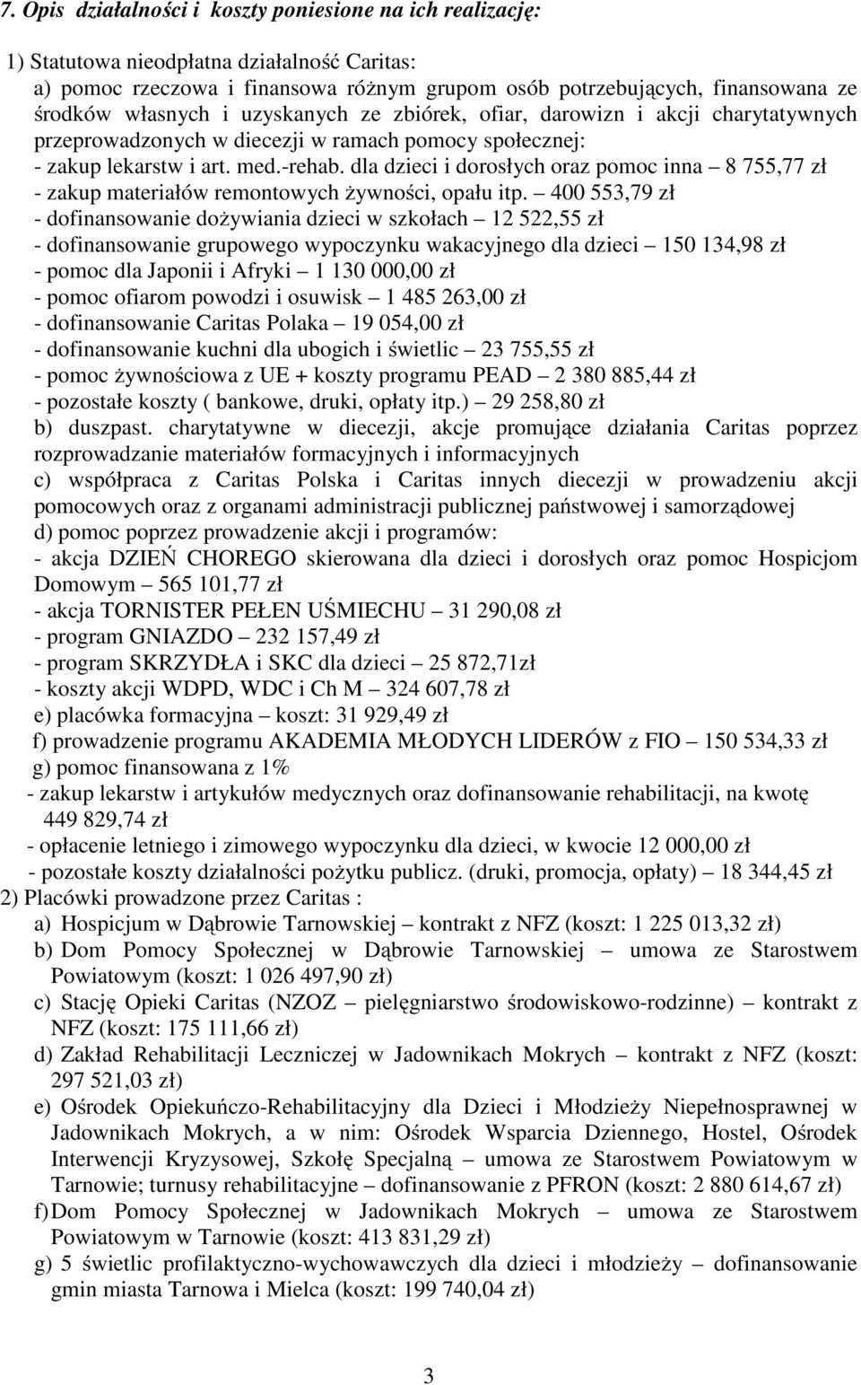 dla dzieci i dorosłych oraz pomoc inna 8 755,77 zł - zakup materiałów remontowych żywności, opału itp.