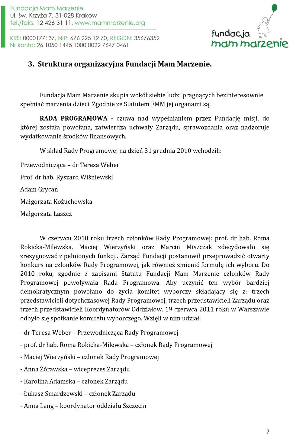 wydatkowanie środków finansowych. W skład Rady Programowej na dzień 31 grudnia 2010 wchodzili: Przewodnicząca dr Teresa Weber Prof. dr hab.