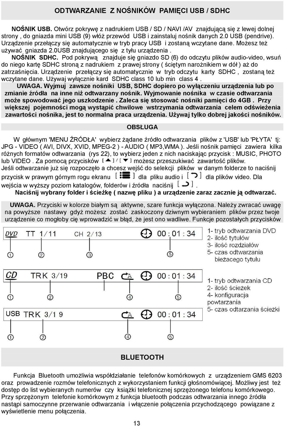 Urządzenie przełączy się automatycznie w tryb pracy USB i zostaną wczytane dane. Możesz też używać gniazda 2.0USB znajdującego się z tyłu urządzenia. NOŚNIK SDHC.