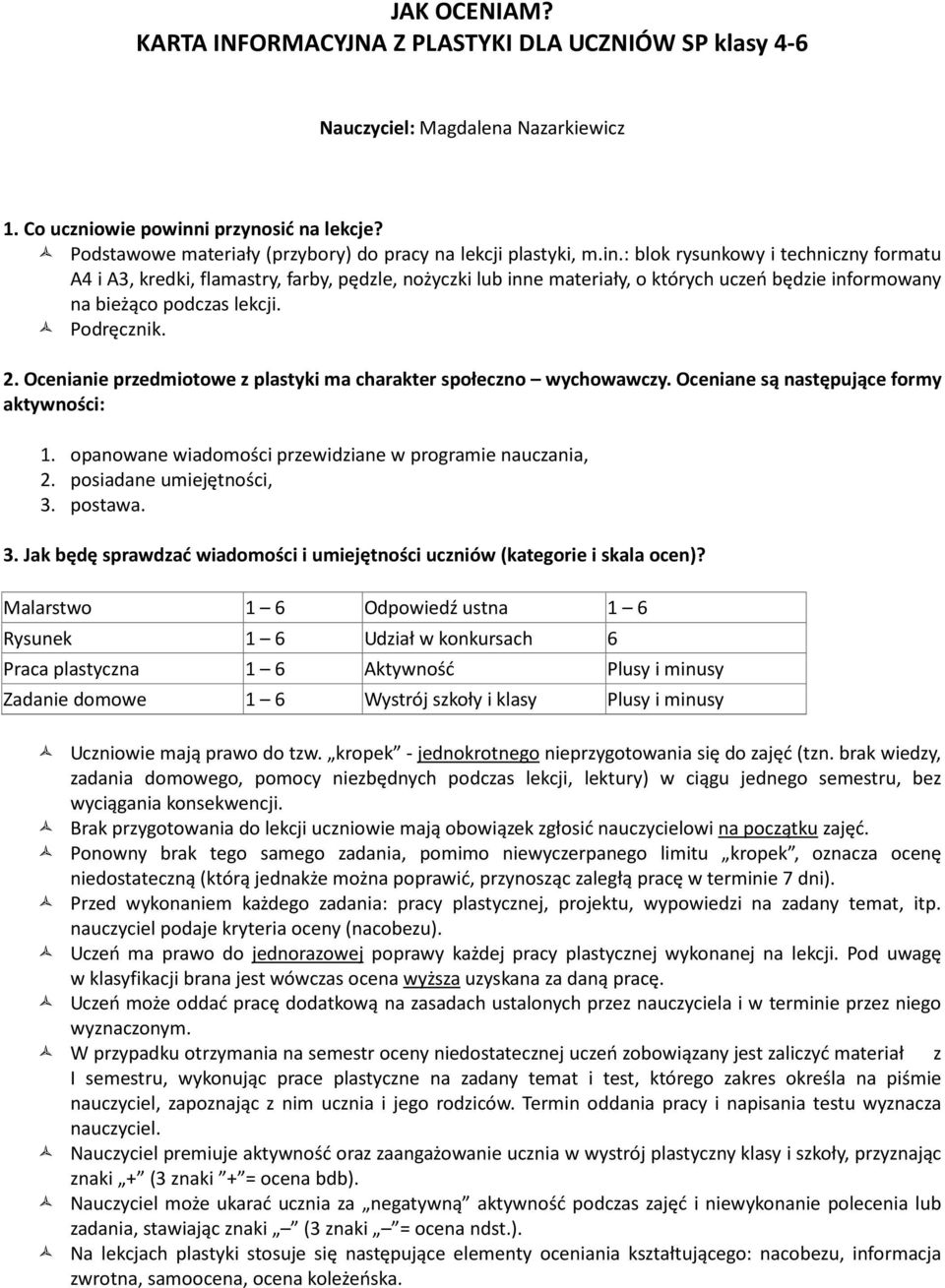 : blok rysunkowy i techniczny formatu A4 i A3, kredki, flamastry, farby, pędzle, nożyczki lub inne materiały, o których uczeń będzie informowany na bieżąco podczas lekcji. Podręcznik. 2.