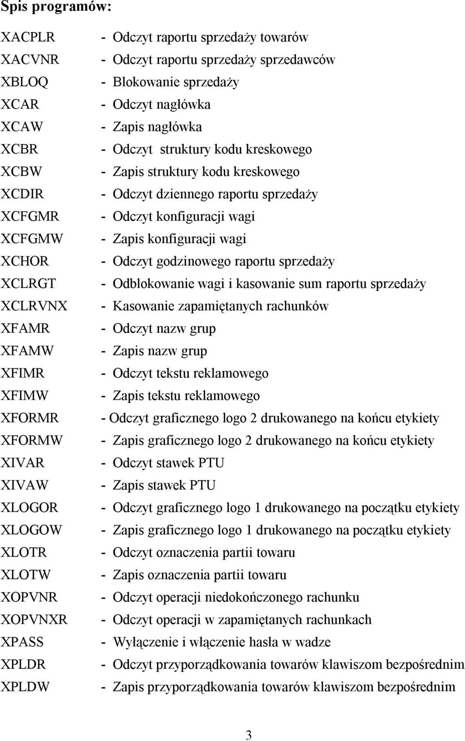 kreskowego - Odczyt dziennego raportu sprzedaży - Odczyt konfiguracji wagi - Zapis konfiguracji wagi - Odczyt godzinowego raportu sprzedaży - Odblokowanie wagi i kasowanie sum raportu sprzedaży -