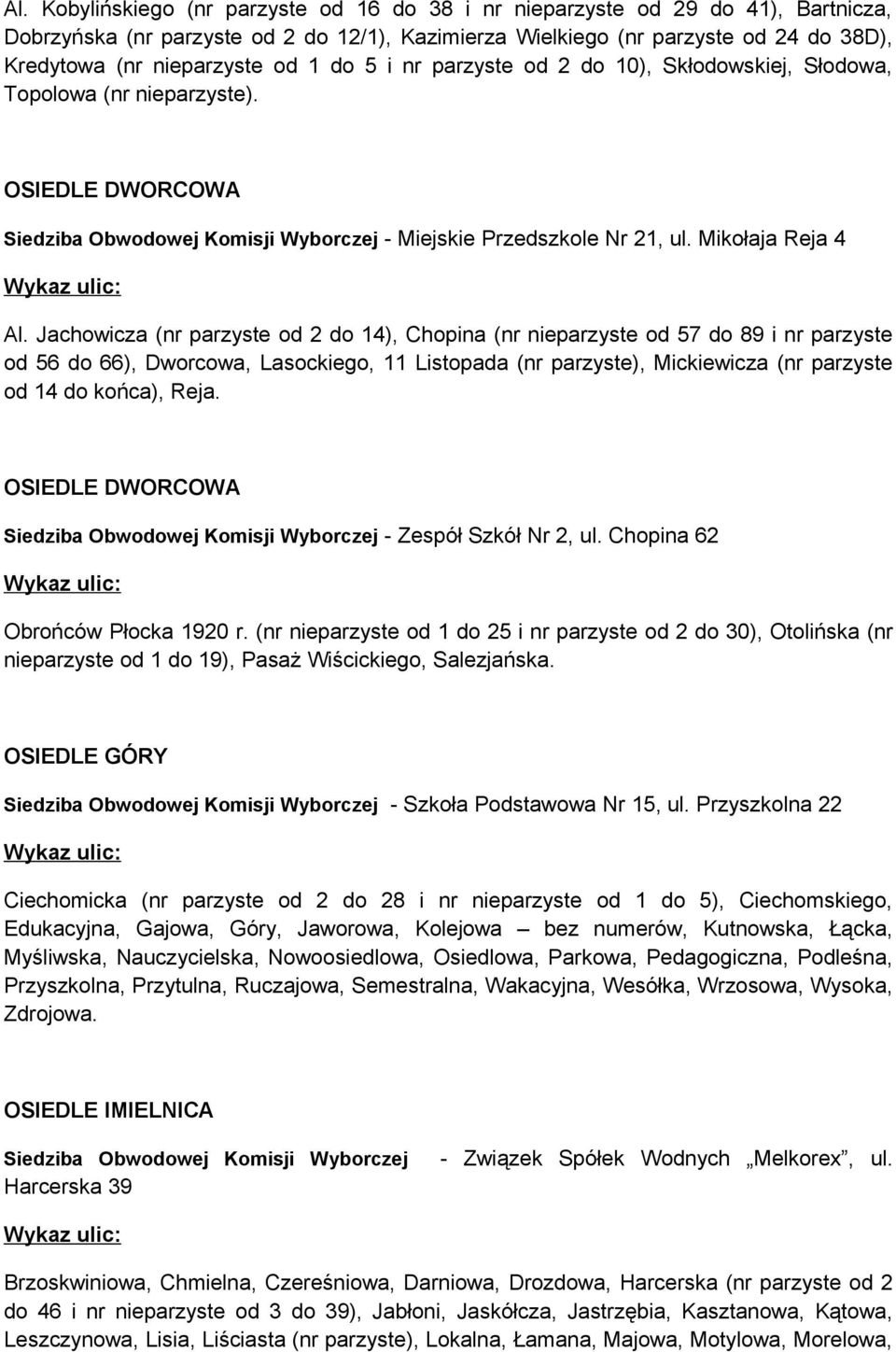 Jachowicza (nr parzyste od 2 do 14), Chopina (nr nieparzyste od 57 do 89 i nr parzyste od 56 do 66), Dworcowa, Lasockiego, 11 Listopada (nr parzyste), Mickiewicza (nr parzyste od 14 do końca), Reja.