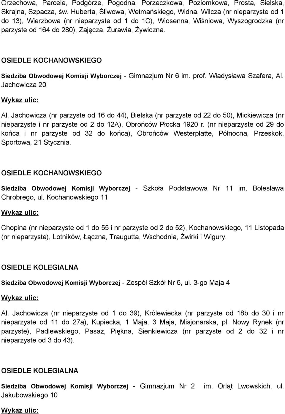 Żywiczna. OSIEDLE KOCHANOWSKIEGO Siedziba Obwodowej Komisji Wyborczej - Gimnazjum Nr 6 im. prof. Władysława Szafera, Al. Jachowicza 20 Al.