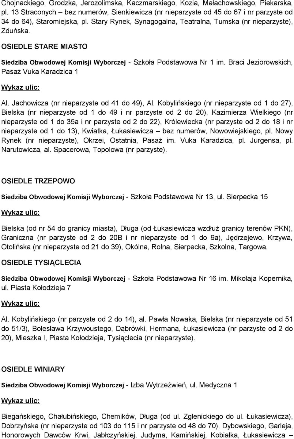 OSIEDLE STARE MIASTO Siedziba Obwodowej Komisji Wyborczej - Szkoła Podstawowa Nr 1 im. Braci Jeziorowskich, Pasaż Vuka Karadzica 1 Al. Jachowicza (nr nieparzyste od 41 do 49), Al.