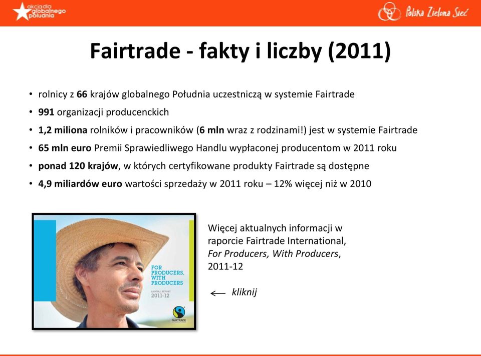 ) jest w systemie Fairtrade 65 mln euro Premii Sprawiedliwego Handlu wypłaconej producentom w 2011 roku ponad 120 krajów, w których