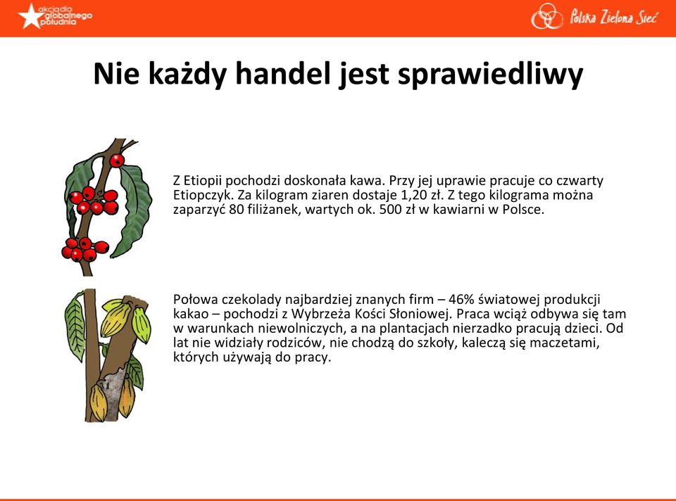 Połowa czekolady najbardziej znanych firm 46% światowej produkcji kakao pochodzi z Wybrzeża Kości Słoniowej.