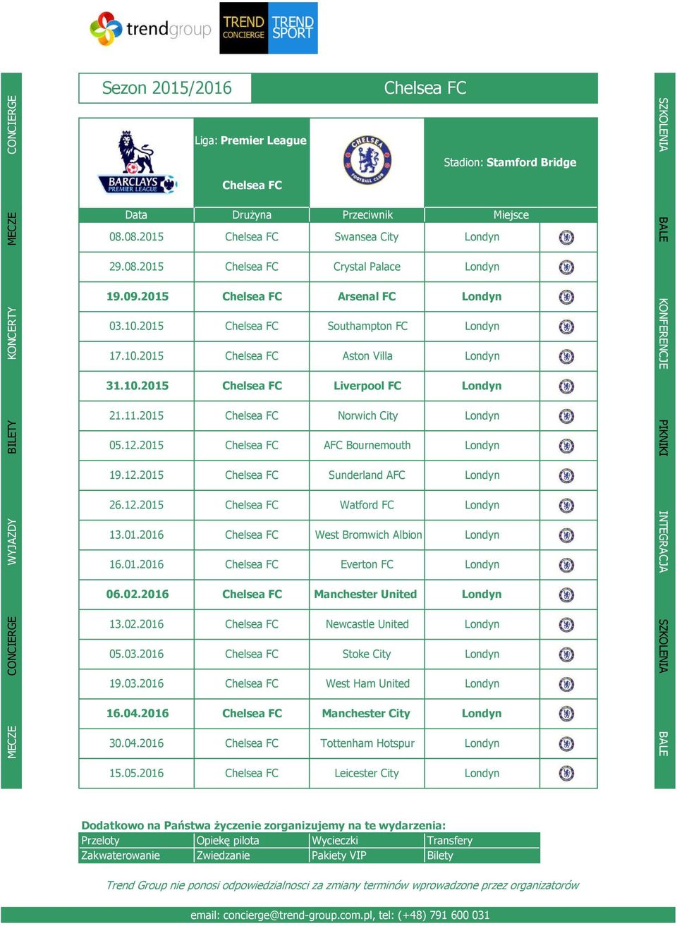 2015 Chelsea FC Norwich City Londyn 05.12.2015 Chelsea FC AFC Bournemouth Londyn 19.12.2015 Chelsea FC Sunderland AFC Londyn 26.12.2015 Chelsea FC Watford FC Londyn 13.01.2016 Chelsea FC West Bromwich Albion Londyn 16.