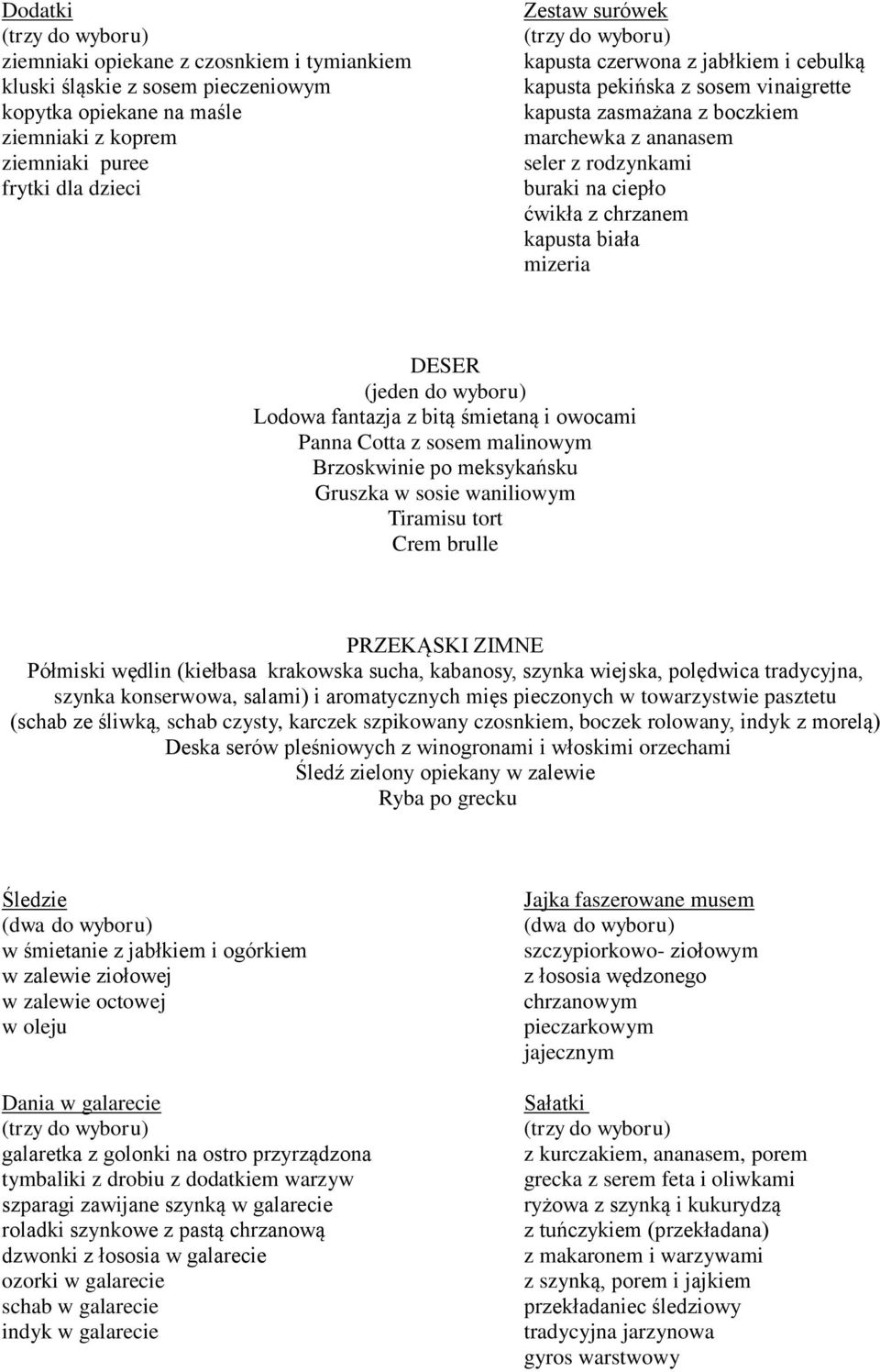 wyboru) Lodowa fantazja z bitą śmietaną i owocami Panna Cotta z sosem malinowym Brzoskwinie po meksykańsku Gruszka w sosie waniliowym Tiramisu tort Crem brulle PRZEKĄSKI ZIMNE Półmiski wędlin