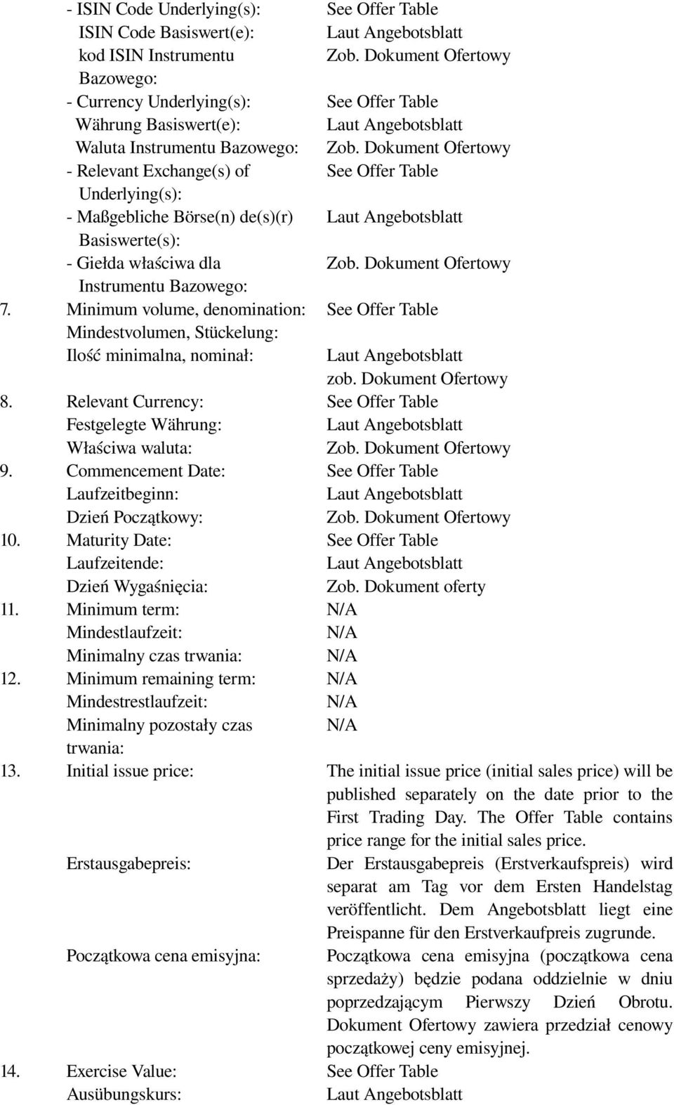 Relevant Currency: Festgelegte Währung: Właściwa waluta: 9. Commencement Date: Laufzeitbeginn: Dzień Początkowy: 10. Maturity Date: Laufzeitende: Dzień Wygaśnięcia: 11.