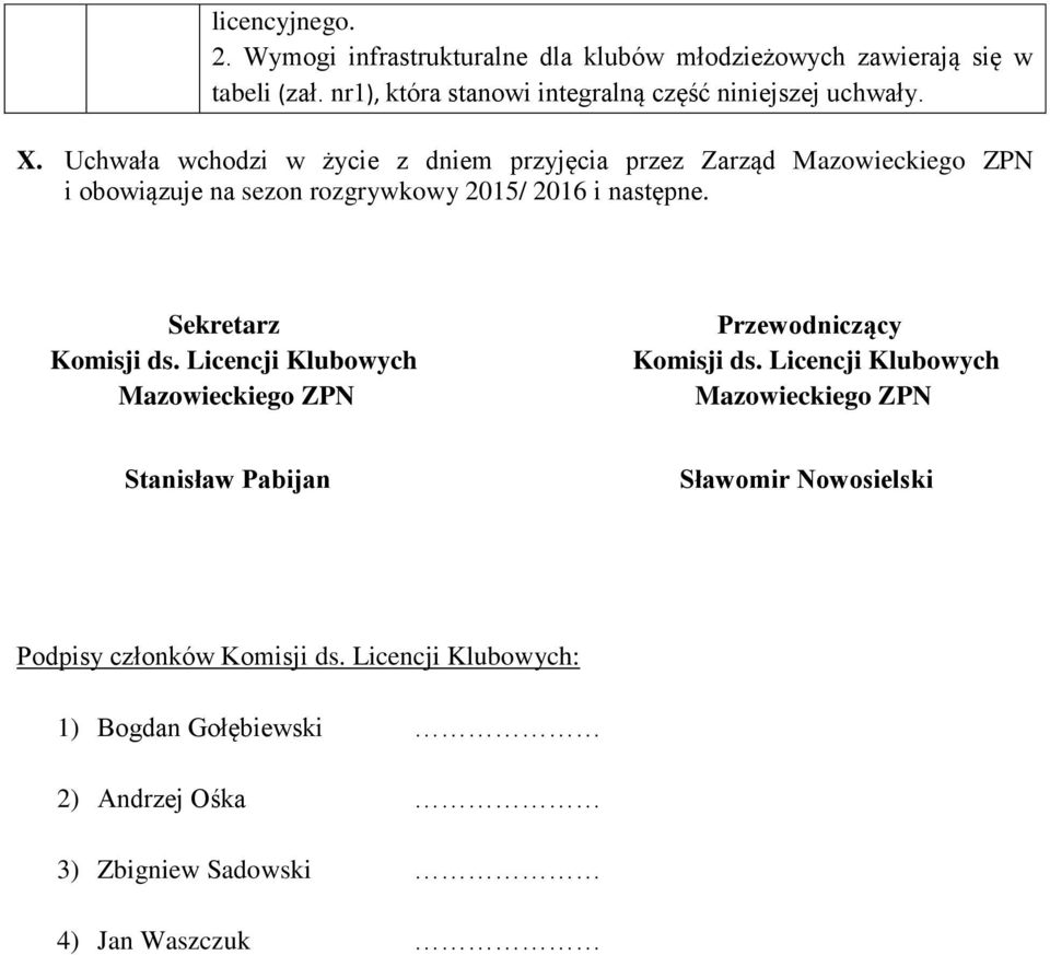 Uchwała wchodzi w życie z dniem przyjęcia przez Zarząd Mazowieckiego ZPN i obowiązuje na sezon rozgrywkowy 2015/ 2016 i następne.