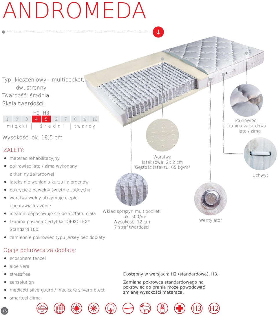 krążenie idealnie dopasowuje się do kształtu ciała tkanina posiada Certyfikat OEKO-TEX Standard 100 zamiennie pokrowiec typu jersey bez dopłaty Wkład sprężyn multipocket: ok.