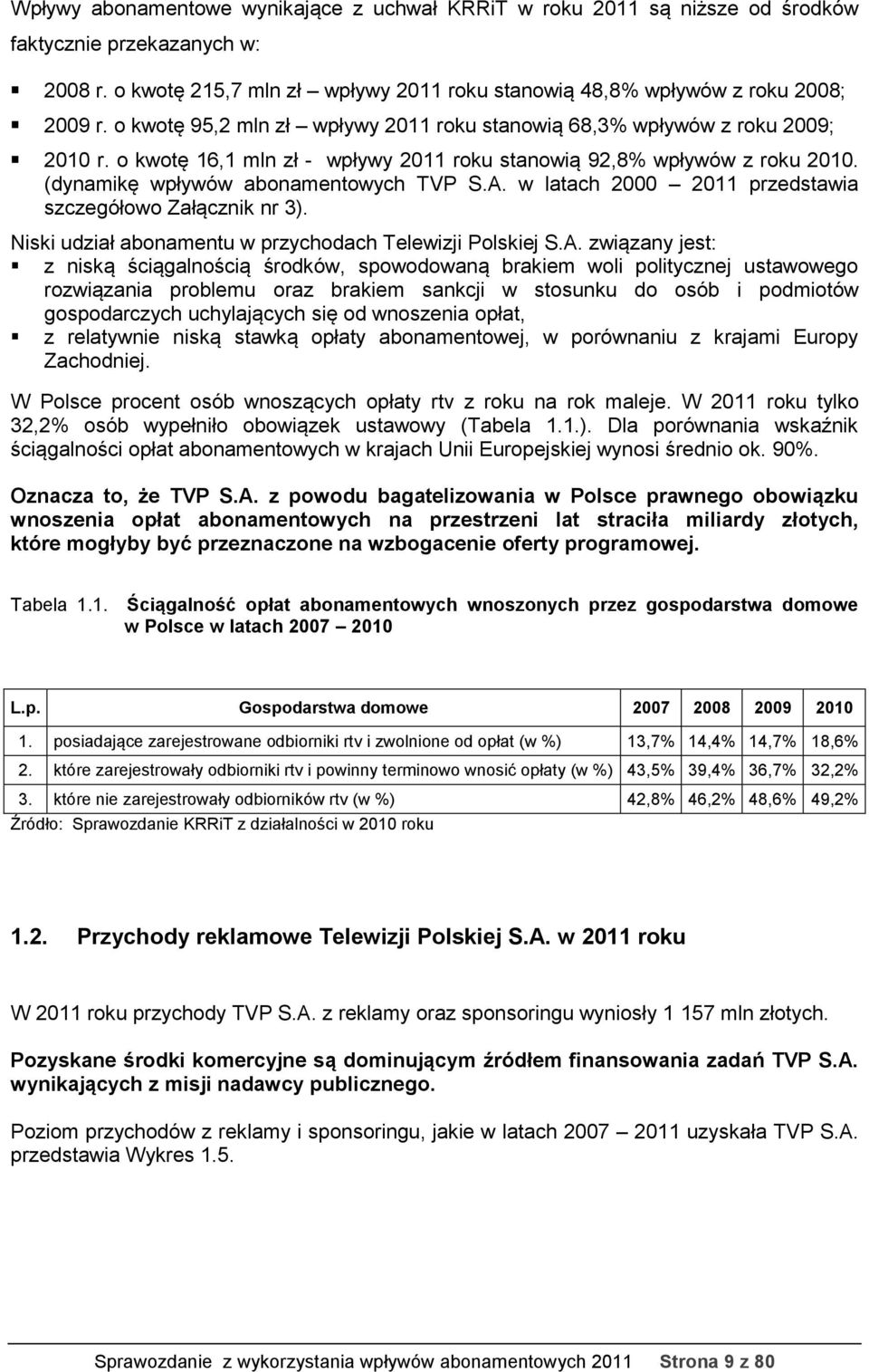 w latach 2000 2011 przedstawia szczegółowo Załącznik nr 3). Niski udział abonamentu w przychodach Telewizji Polskiej S.A.