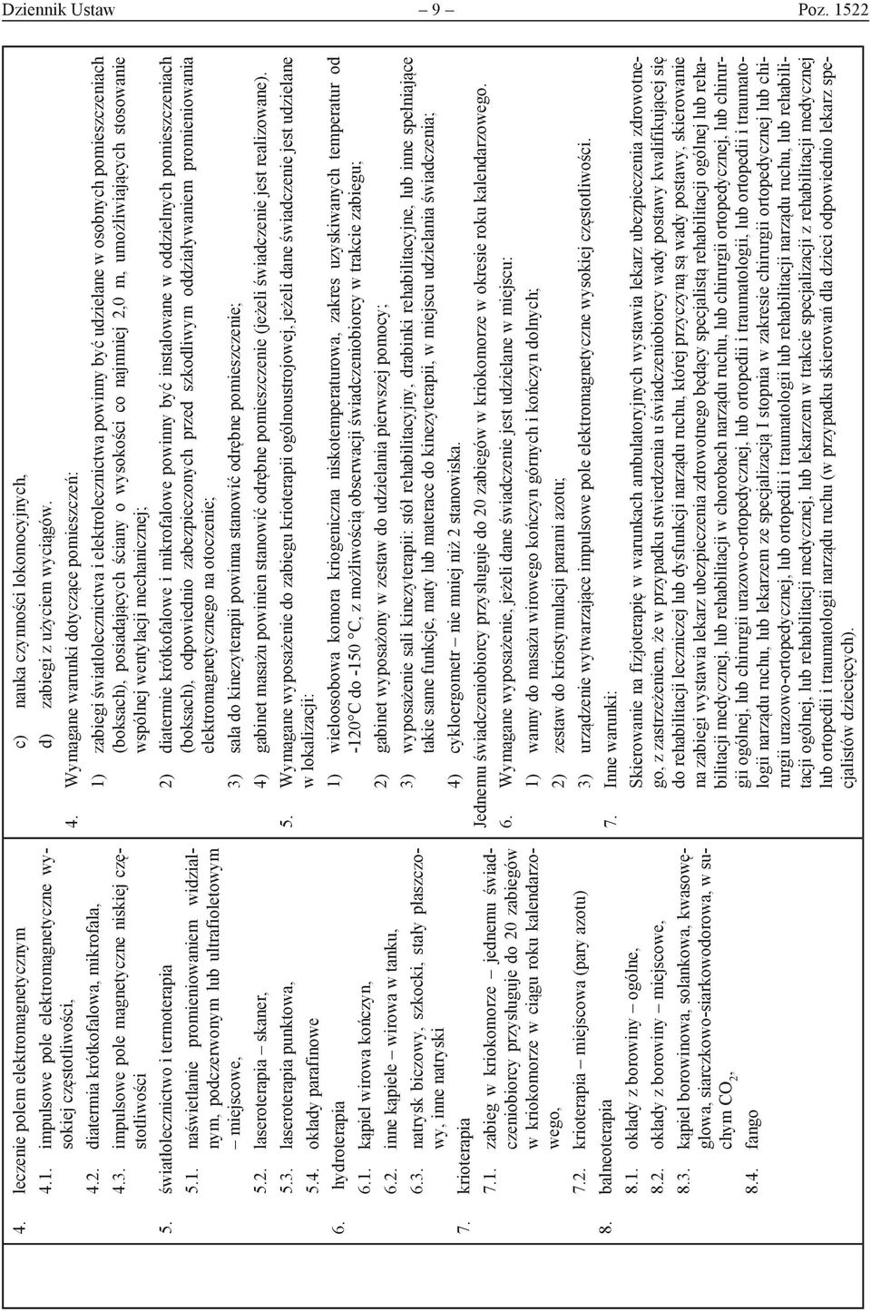 laseroterapia skaner, 5.3. laseroterapia punktowa, 5.4. okłady parafinowe 6. hydroterapia 6.1. kąpiel wirowa kończyn, 6.2. inne kąpiele wirowa w tanku, 6.3. natrysk biczowy, szkocki, stały płaszczowy, inne natryski 7.