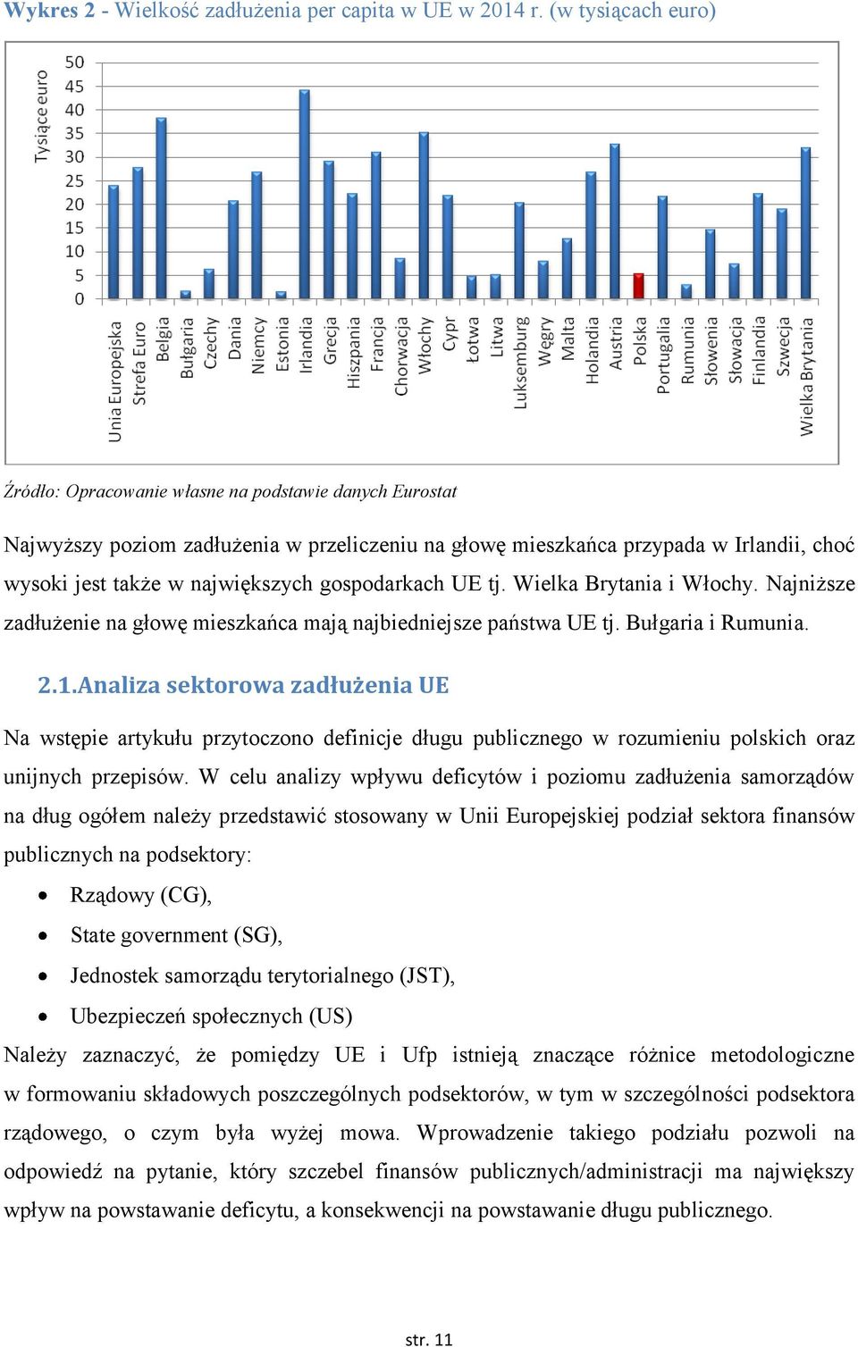 gospodarkach UE tj. Wielka Brytania i Włochy. Najniższe zadłużenie na głowę mieszkańca mają najbiedniejsze państwa UE tj. Bułgaria i Rumunia. 2.1.