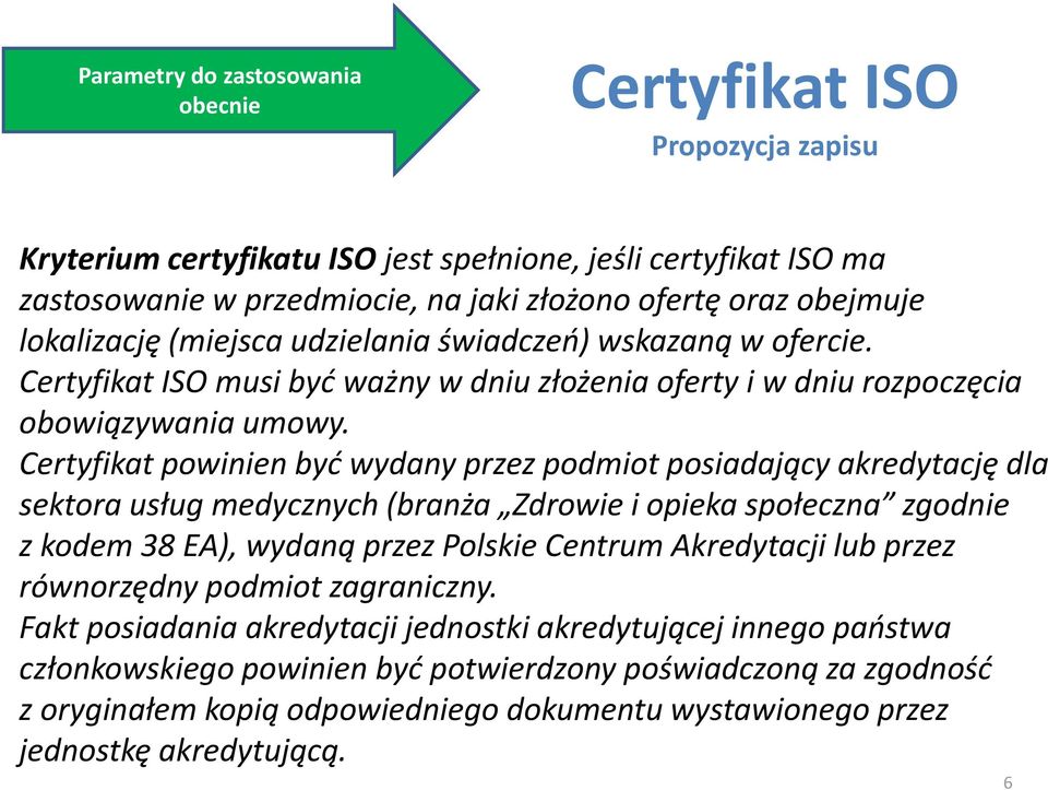 Certyfikat powinien być wydany przez podmiot posiadający akredytację dla sektora usług medycznych (branża Zdrowie i opieka społeczna zgodnie z kodem 38 EA), wydaną przez Polskie Centrum Akredytacji