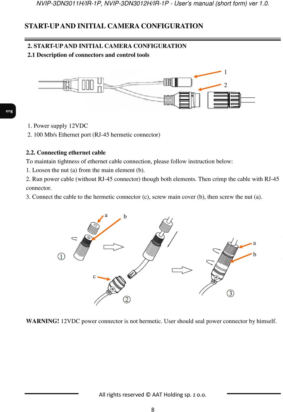 s manual 1. Power supply 12VDC 2. 100 CD Mb/s containing Ethernet manual port (RJ-45 and software hermetic connector) 2.2. Connecting ethernet cable To maintain tightness of ethernet cable connection, please follow instruction below: 1.