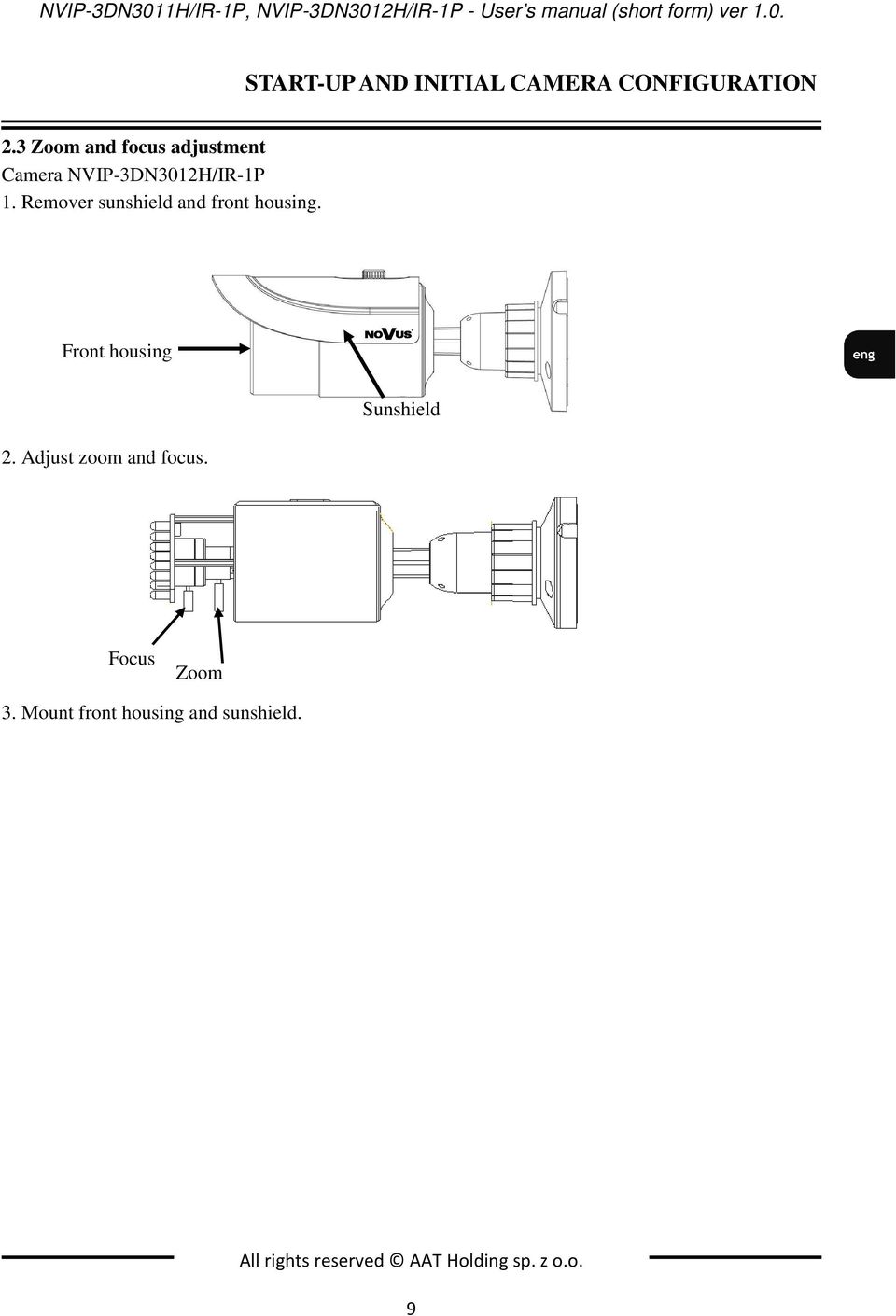 Remover sunshield and front housing. Front housing 2. Adjust zoom and focus.