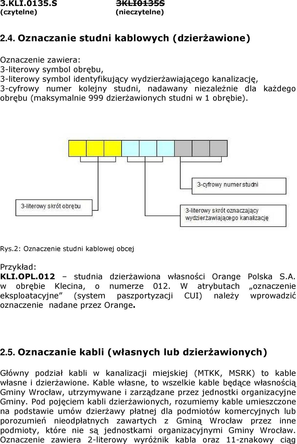 niezależnie dla każdego obrębu (maksymalnie 999 dzierżawionych studni w 1 obrębie). Rys.2: Oznaczenie studni kablowej obcej Przykład: KLI.OPL.012 studnia dzierżawiona własności Orange Polska S.A.