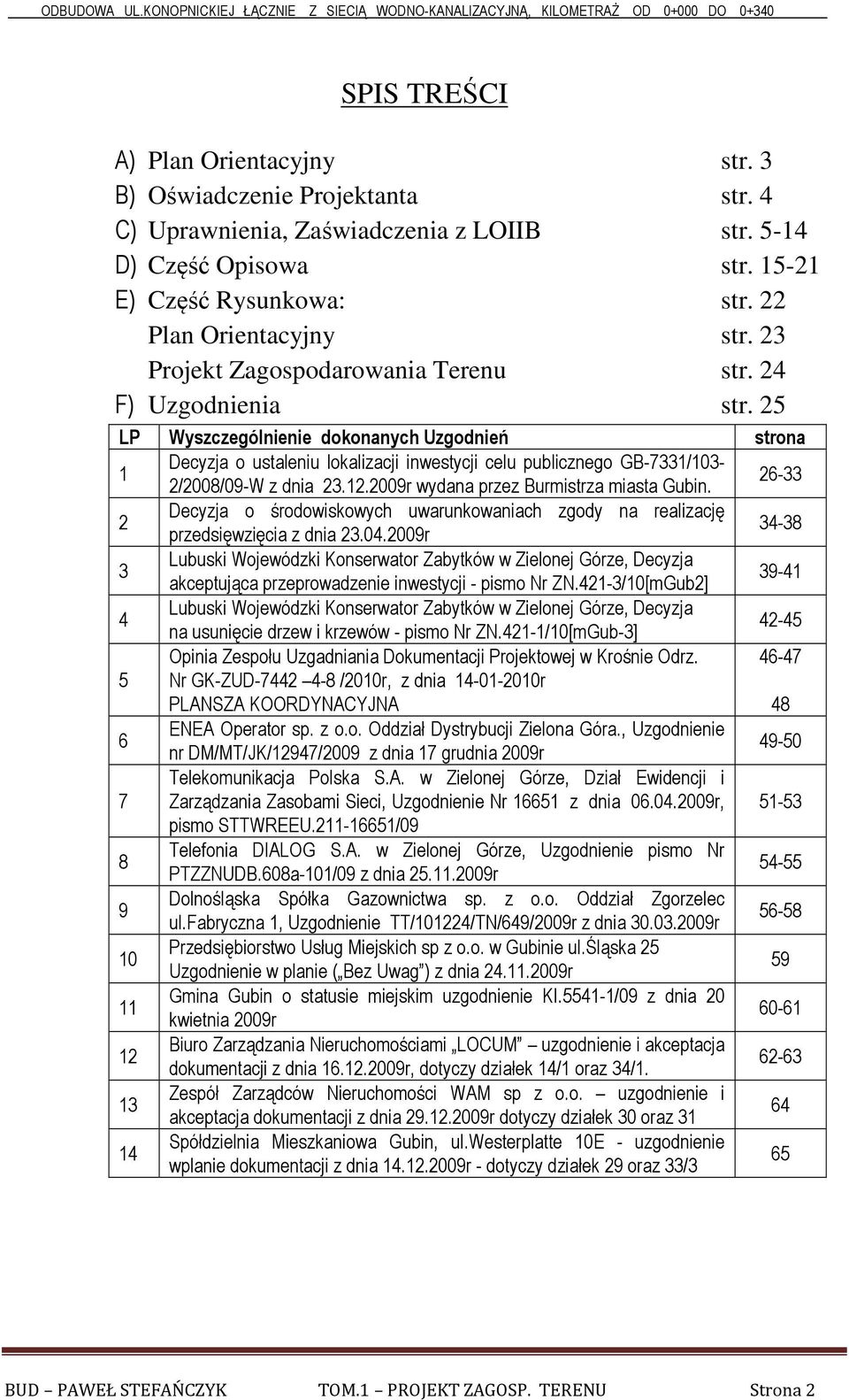 25 LP Wyszczególnienie dokonanych Uzgodnień strona 1 Decyzja o ustaleniu lokalizacji inwestycji celu publicznego GB-7331/103-2/2008/09-W z dnia 23.12.2009r wydana przez Burmistrza miasta Gubin.