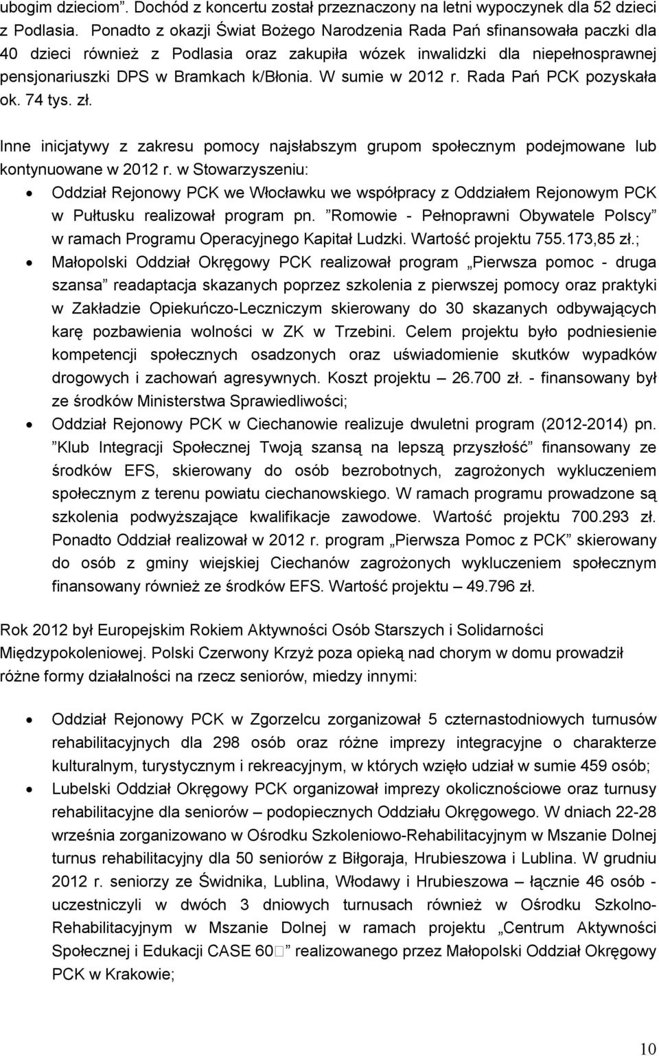 W sumie w 2012 r. Rada Pań PCK pozyskała ok. 74 tys. zł. Inne inicjatywy z zakresu pomocy najsłabszym grupom społecznym podejmowane lub kontynuowane w 2012 r.