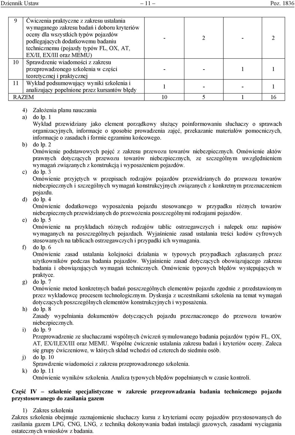 OX, AT, EX/II, EX/III oraz MEMU) 10 Sprawdzenie wiadomości z zakresu przeprowadzonego szkolenia w części - - 1 1 teoretycznej i praktycznej 11 Wykład podsumowujący wyniki szkolenia i analizujący