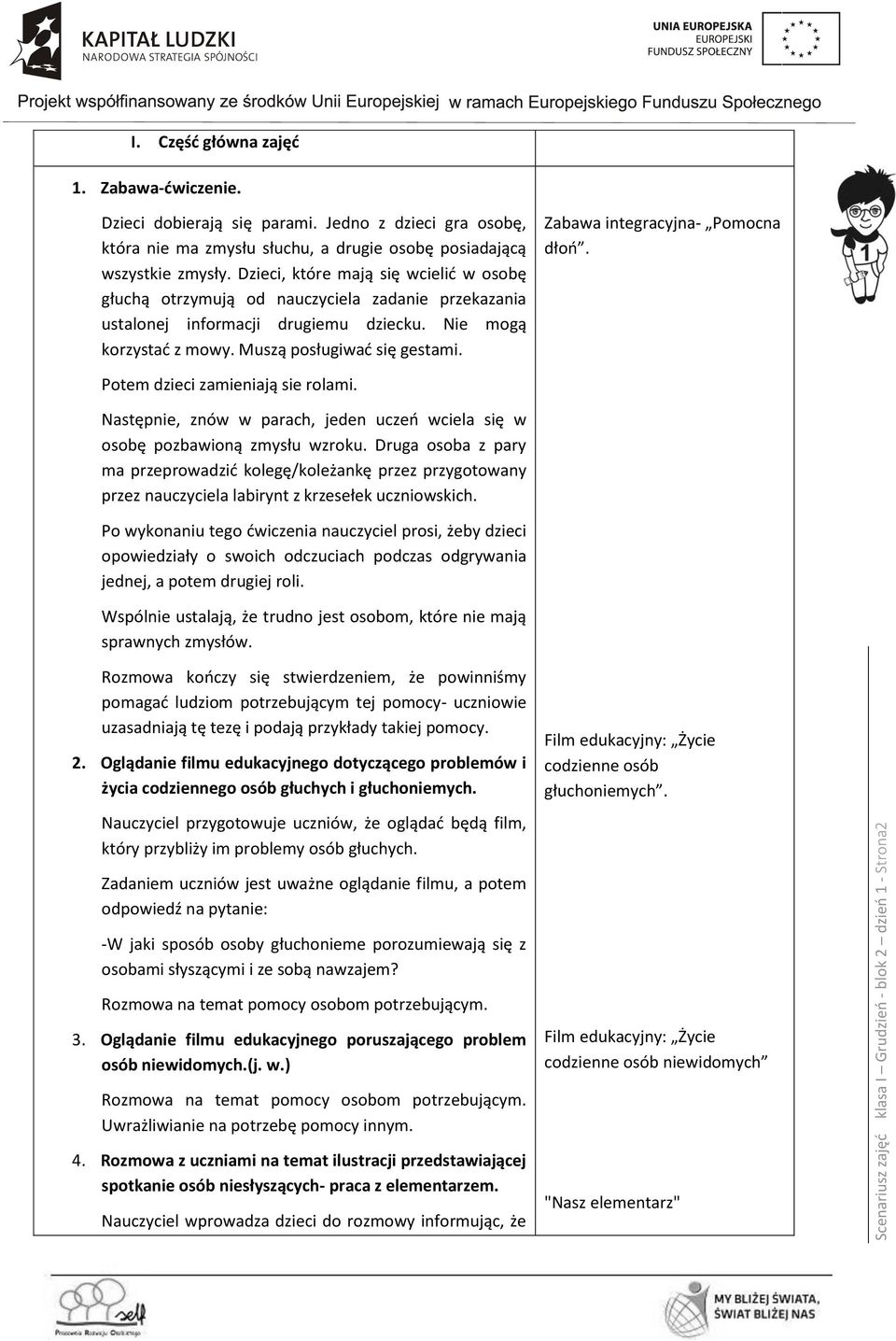 Dzieci, które mają się wcielić w osobę głuchą otrzymują od nauczyciela zadanie przekazania ustalonej informacji drugiemu dziecku. Nie mogą korzystać z mowy. Muszą posługiwać się gestami.