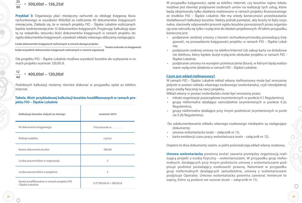 Przyjmując kalkulację opartą na wskaźniku stosunku ilości dokumentów księgowych w ramach projektu do ogółu dokumentów księgowych, wysokość wkładu własnego obliczamy następująco: Dla projektu FIO