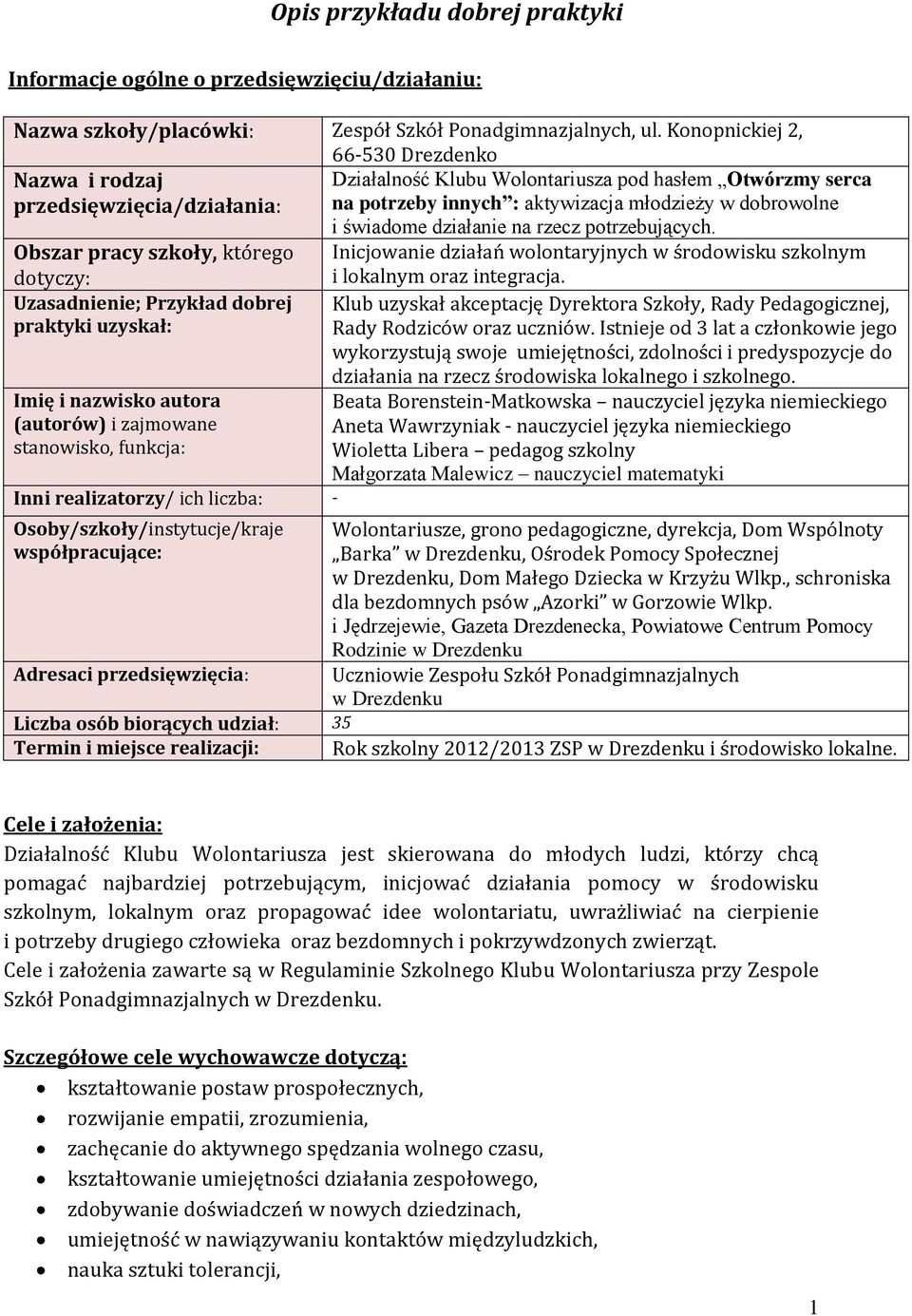 działanie na rzecz potrzebujących. Obszar pracy szkoły, którego Inicjowanie działań wolontaryjnych w środowisku szkolnym dotyczy: i lokalnym oraz integracja.