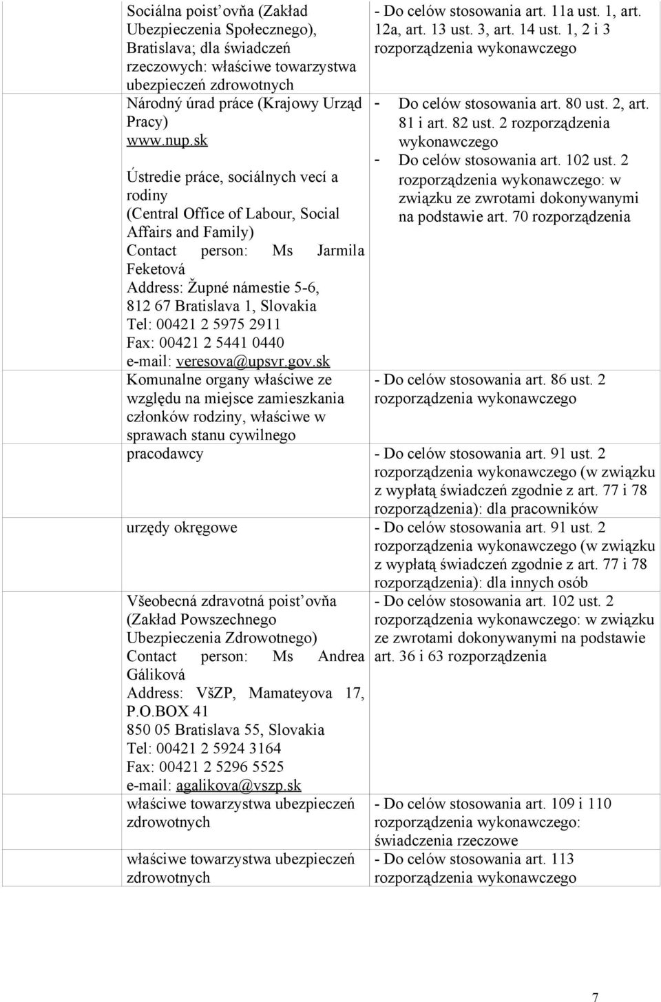 00421 2 5975 2911 Fax: 00421 2 5441 0440 e-mail: veresova@upsvr.gov.sk Komunalne organy właściwe ze względu na miejsce zamieszkania członków rodziny, właściwe w - Do celów stosowania art. 11a ust.