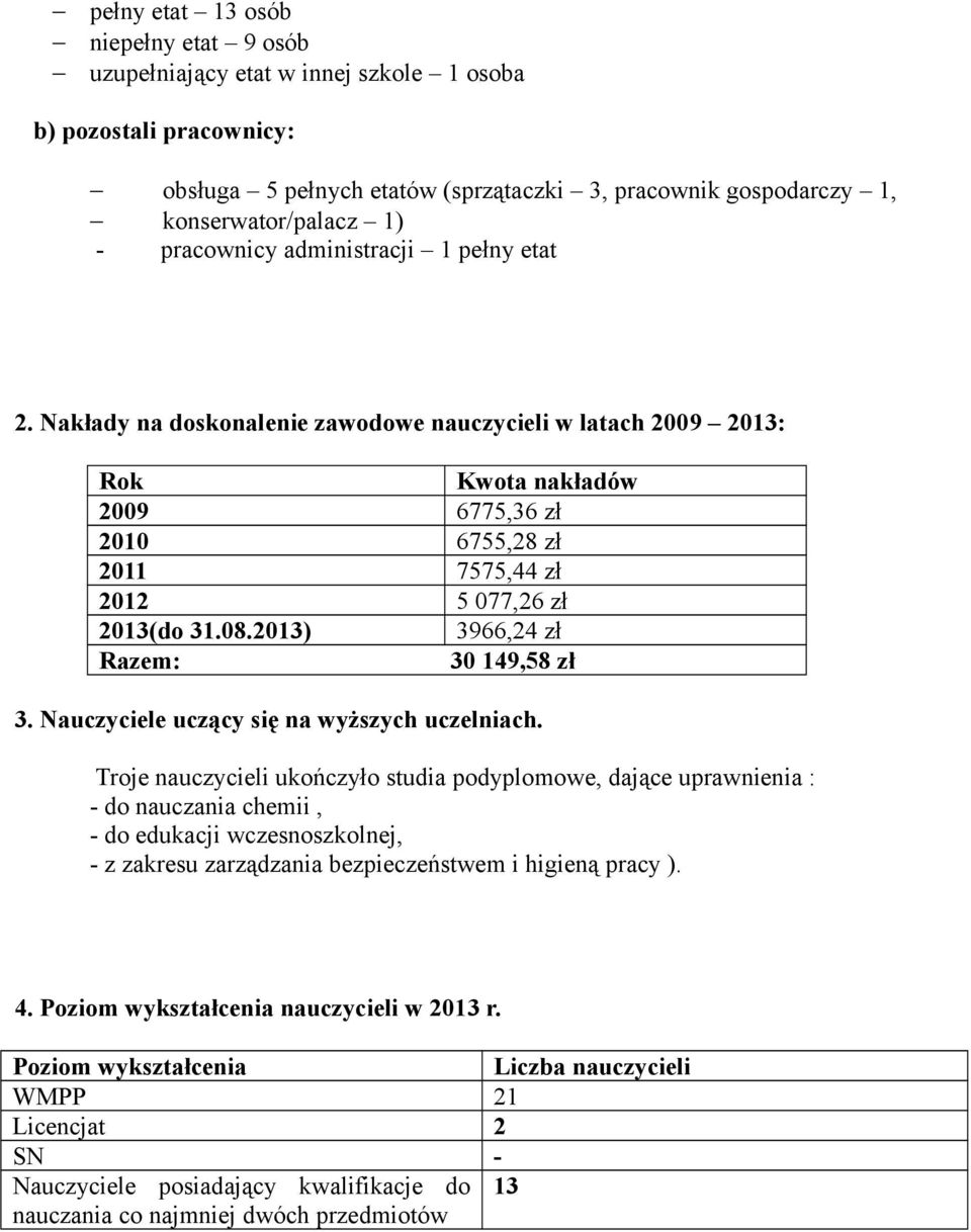 Nakłady na doskonalenie zawodowe nauczycieli w latach 2009 2013: Rok Kwota nakładów 2009 6775,36 zł 2010 6755,28 zł 2011 7575,44 zł 2012 5 077,26 zł 2013(do 31.08.