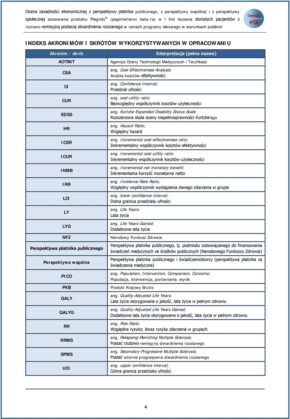 CUR EDSS HR ICER ICUR INMB IRR LCI LY LYG NFZ Perspektywa płatnika publicznego Perspektywa wspólna PICO PKB QALY QALYG RR RRMS SPMS UCI Interpretacja (pełna nazwa) Agencja Oceny Technologii