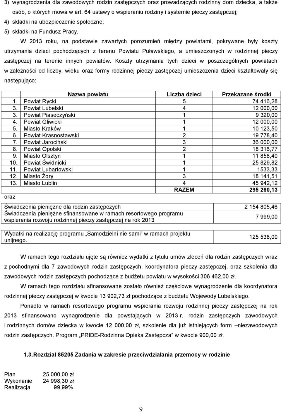 W 2013 roku, na podstawie zawartych porozumień między powiatami, pokrywane były koszty utrzymania dzieci pochodzących z terenu Powiatu Puławskiego, a umieszczonych w rodzinnej pieczy zastępczej na