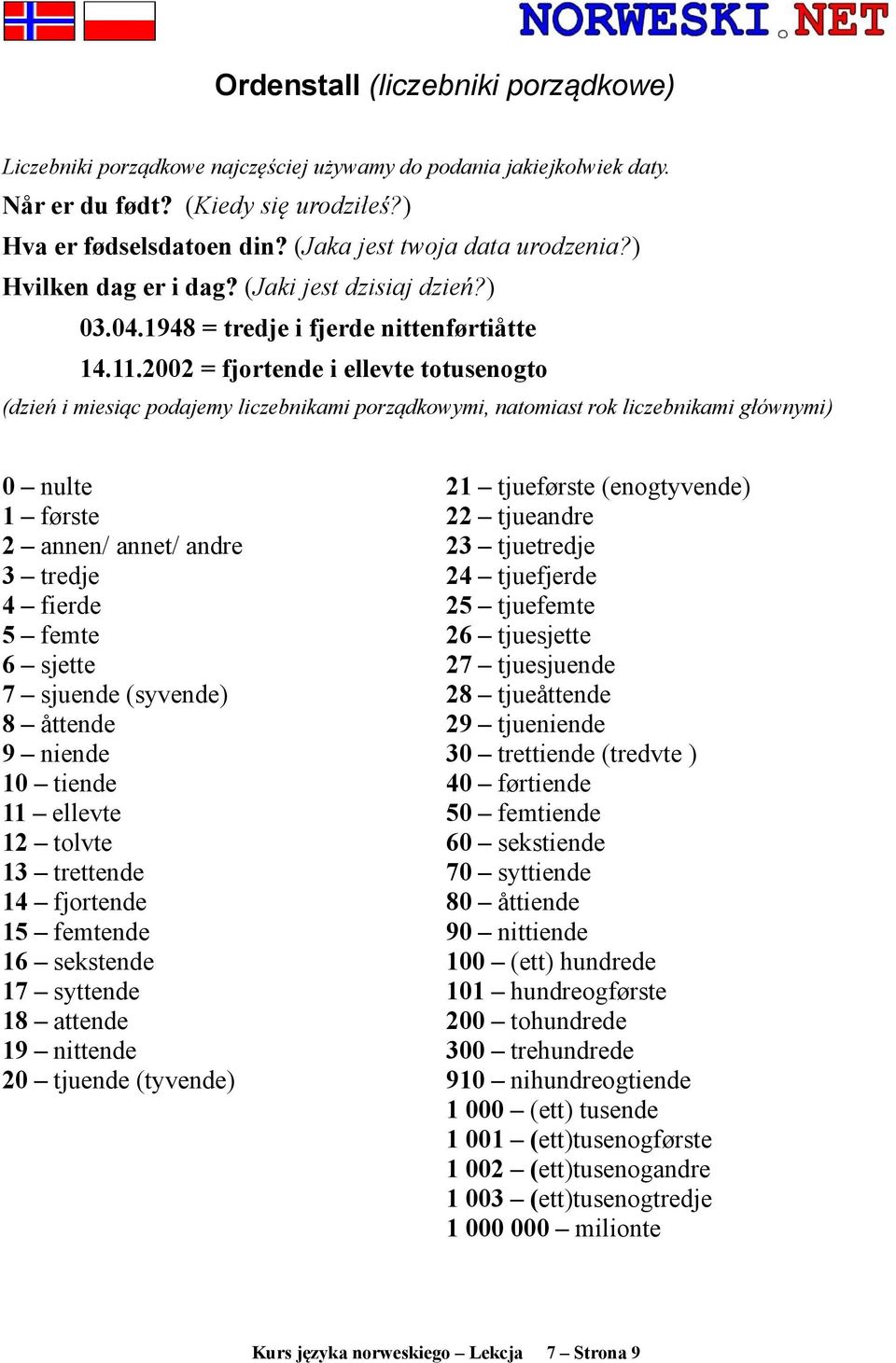 2002 = fjortende i ellevte totusenogto (dzień i miesiąc podajemy liczebnikami porządkowymi, natomiast rok liczebnikami głównymi) 0 nulte 1 første 2 annen/ annet/ andre 3 tredje 4 fierde 5 femte 6