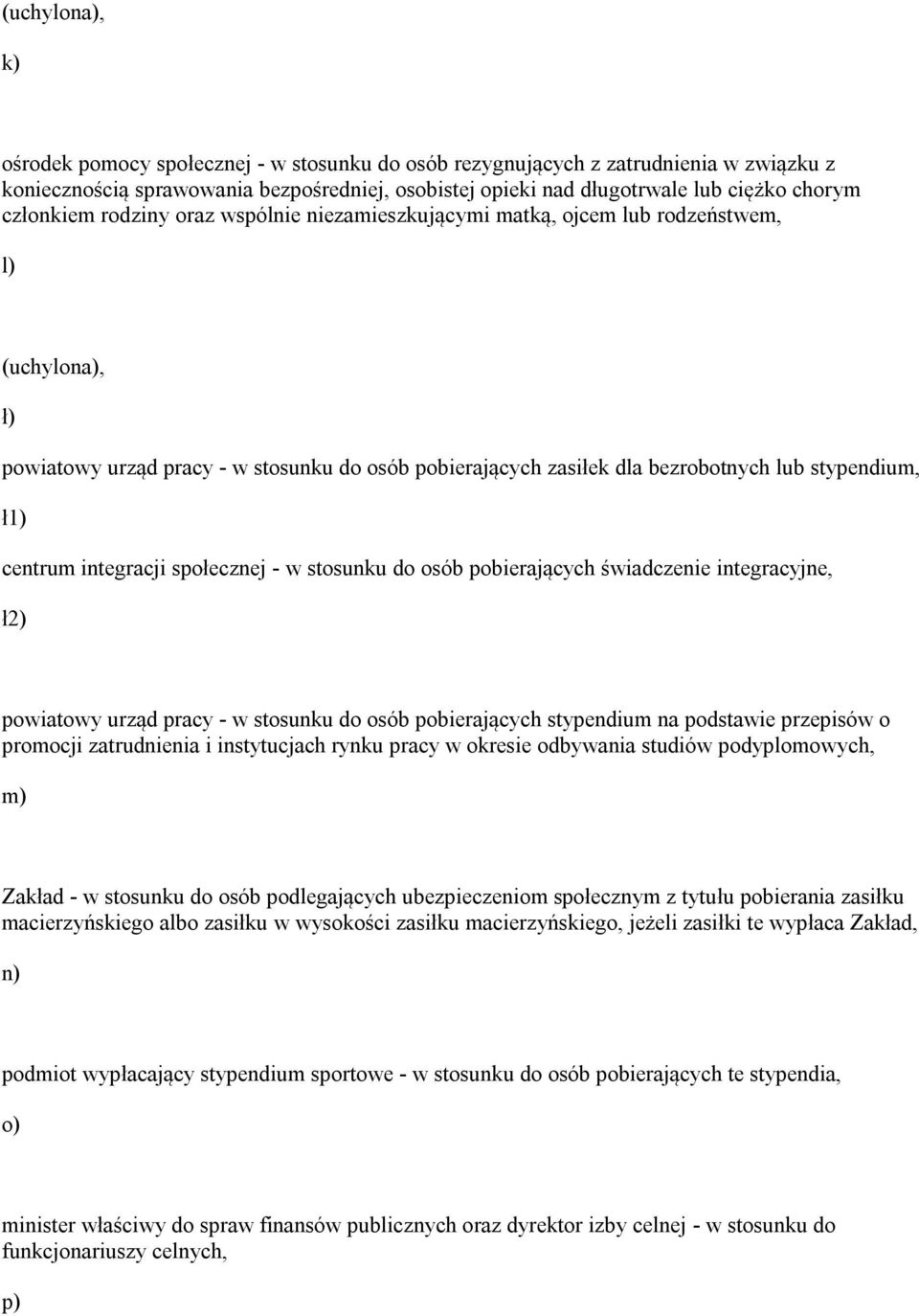 centrum integracji społecznej - w stosunku do osób pobierających świadczenie integracyjne, ł powiatowy urząd pracy - w stosunku do osób pobierających stypendium na podstawie przepisów o promocji