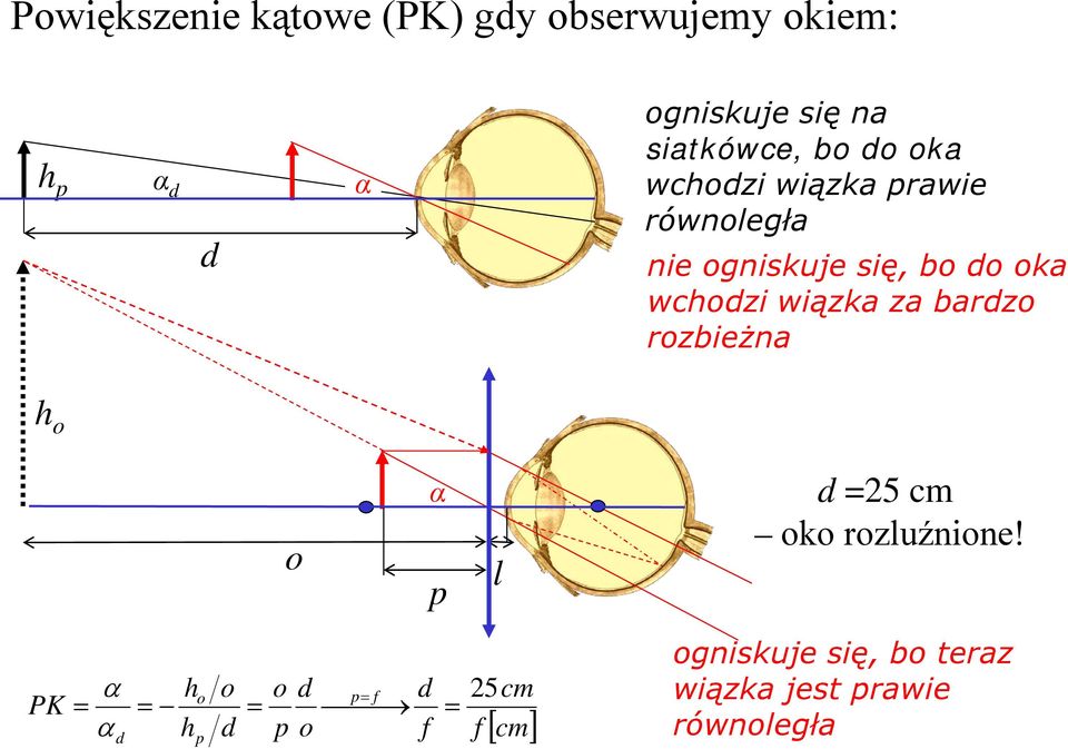 wchodzi wiązka za bardzo rozbieża h o o α p l d =5 cm oko rozluźioe!